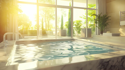 Fototapeta premium Modern bathroom with a jacuzzi and large windows overlooking a garden, bathed in sunlight.
