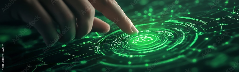 Poster A hand touches a glowing green digital surface, creating circular patterns that evoke a sense of interaction with technology and data.