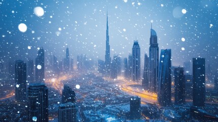 Obraz premium Snow falling gently over Dubai's futuristic skyline,