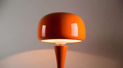 A living room setting featuring a single orange floor lamp with a rounded shade, inspired by 1970s decor.