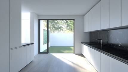 Modern kitchen interior with white cabinets and black marble countertop, overlooking a backyard.