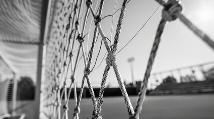 Goalkeeper net stretched across goalposts, showcasing intricate knots and textures in monochrome setting, evoking sense of anticipation and focus