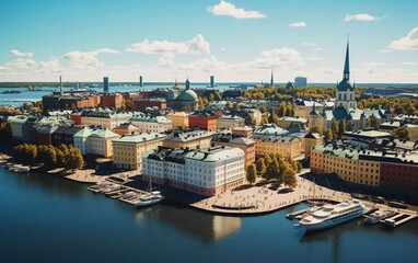 Fototapeta premium Aerial view of a vibrant cityscape by the water, showcasing colorful buildings and a church spire.