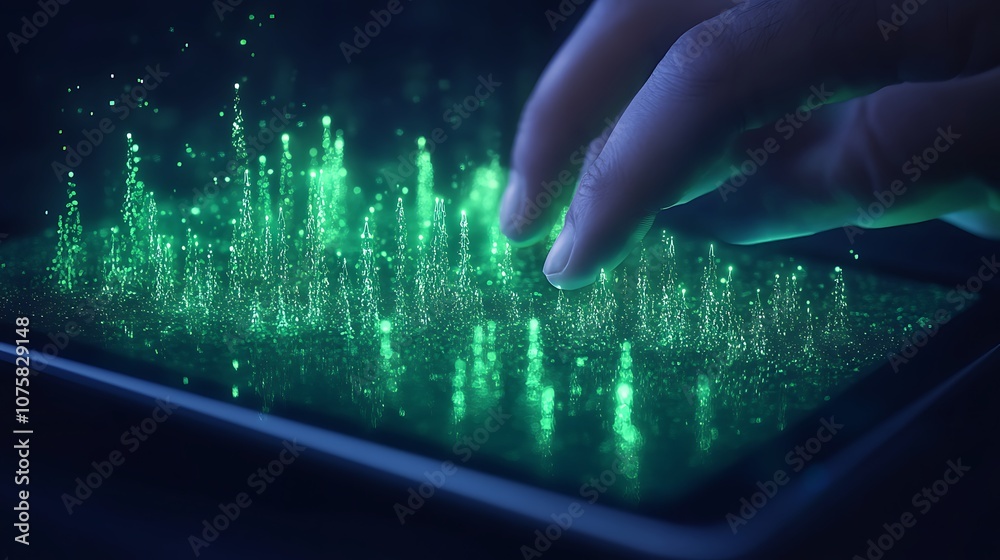 Leinwandbilder A hand interacts with a glowing green visual display, resembling data or sound waves, creating a futuristic and digital atmosphere.