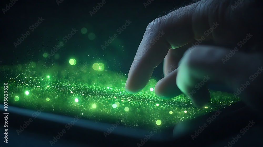 Poster A finger touches a glowing, green interface, surrounded by sparkling particles creating a magical, digital atmosphere.