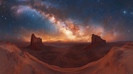 Obraz premium The Milky Way arches over a desert landscape with towering rock formations.