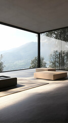 Modern living room with large windows overlooking mountain view.