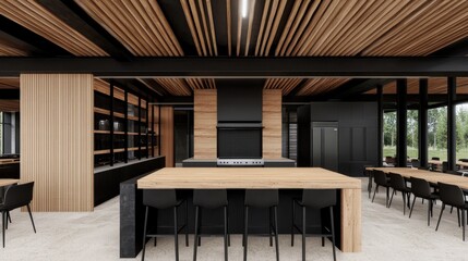 Modern Kitchen Interior Design with Wooden Cabinets and Bar Stools