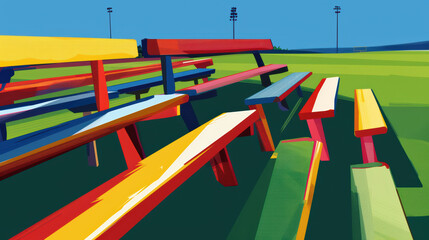 Colorful benches in vibrant outdoor setting, surrounded by green grass and blue skies, create lively atmosphere perfect for sports events