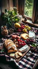 Rustic wooden table setting with fresh bread, fruit, cheese and wine.