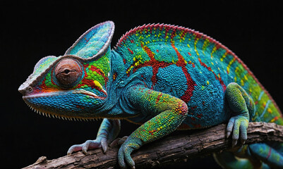 Obraz premium A vibrant chameleon perches on a branch, its scales shimmering with blue, green, and red hues