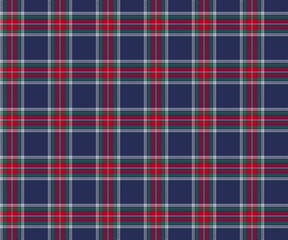 Plaid fabric pattern, blue, green, red, white, seamless for textiles, and for designing everyday clothes, skirts, pants or decorative fabrics. Vector illustration.