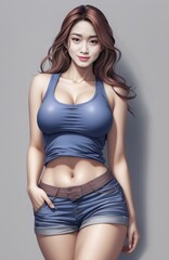 Obraz premium a close up of a woman in a blue top and shorts