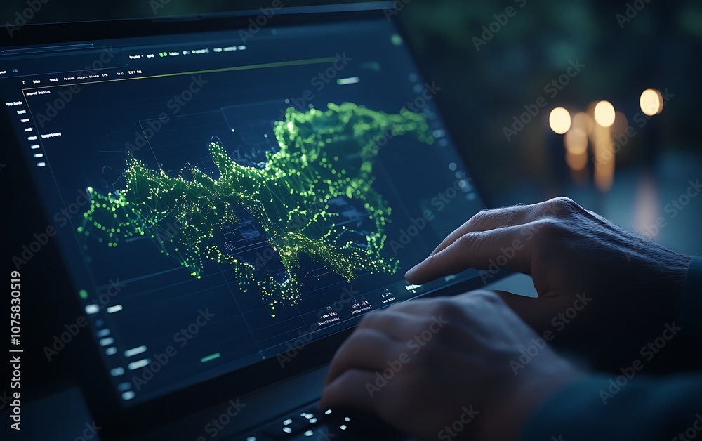 Poster A person interacts with a high-tech laptop displaying a vibrant, digital map marked by colorful points of interest.