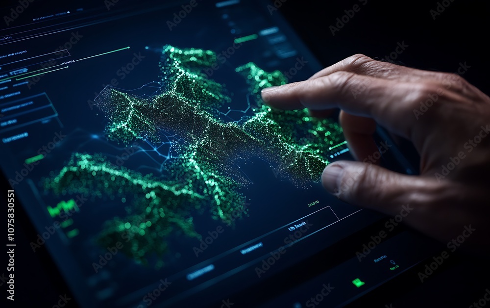 Fototapete A hand interacts with a holographic display showing a network of glowing data points and lines, emphasizing technology and digital exploration.