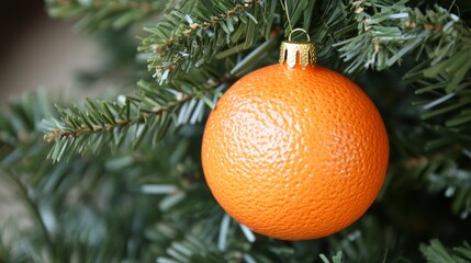 Orange Christmas ornament on pine tree branch, festive holiday decor concept