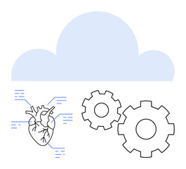 Heart diagram with data points next to two cogs below a cloud. Ideal for healthcare, technology, innovation, data analysis, cloud computing, medical science, engineering. Line metaphor