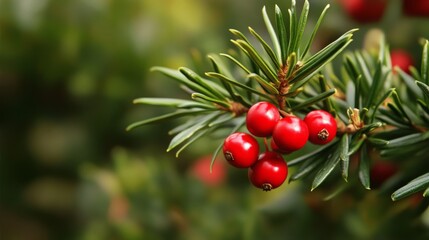 Obraz premium Close-up of red berries on evergreen branch with blurred background. Nature and botanical concept