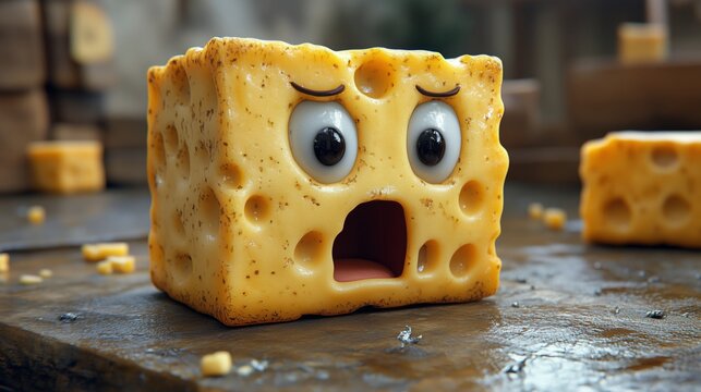 Surprised Cartoon Cheese Character with Exaggerated Expression