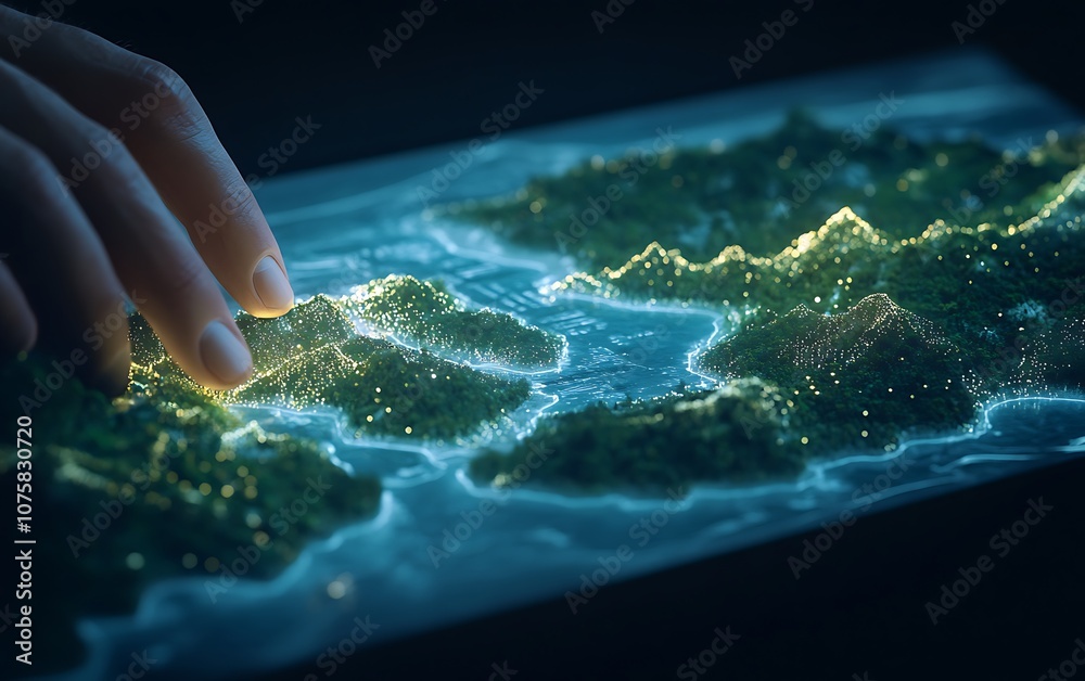 Poster a glowing, detailed map is being explored by a hand, highlighting landforms and water outlines with 