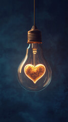 Heart-shaped filament inside a vintage light bulb against dark blue background, romantic creativity concept