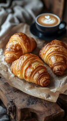 Three golden croissants on parchment paper next to a cup of cappuccino on a rustic wooden board.