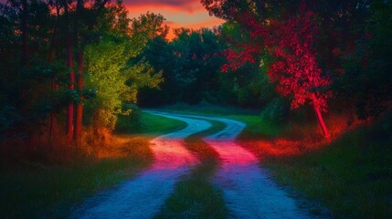 Naklejka premium A winding forest path at sunset, vibrant colors. Nature and tranquility concept