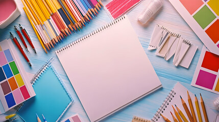 Top view of an artist's workspace with colorful pencils, blank sketchbook, and color swatches on a light blue wooden table.