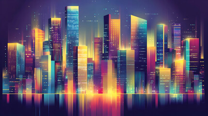 Obraz premium Vibrant cityscape at night with colorful lights reflecting on water.