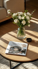 White flowers in a glass vase on a wooden coffee table with a magazine and a black tray.