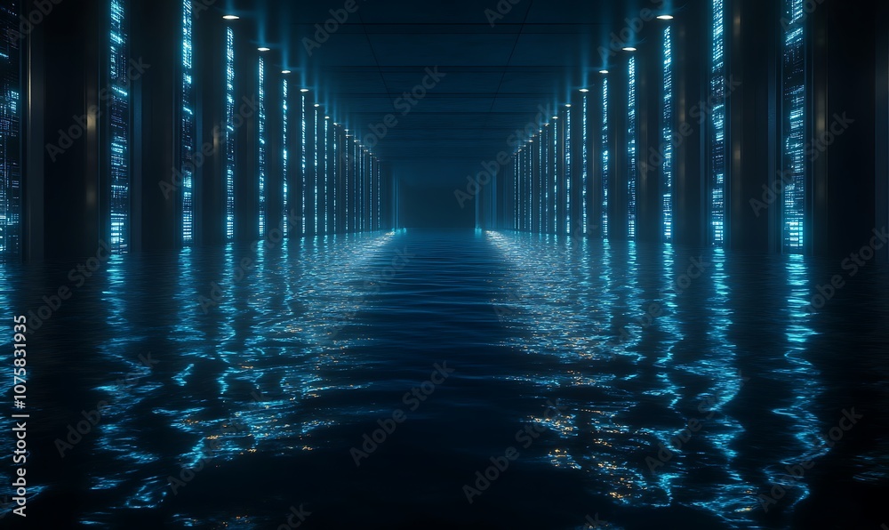 Poster a dark, illuminated corridor with glowing blue pillars reflects on calm water, creating a tranquil a