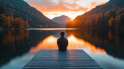 Serene autumn sunrise over a mountain lake with a man sitting on a dock
