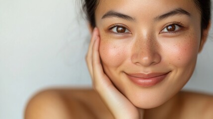 Close-up of East Asian woman, soft glowing skin, gentle smile, hand resting on cheek, minimalistic style, bare shoulders, empty background.