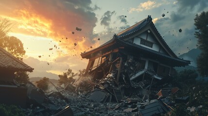 Fototapeta premium 巨大地震による日本家屋の倒壊