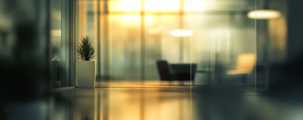 Modern office interior with glass walls and soft lighting