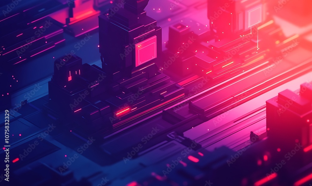 Poster a vibrant digital landscape featuring illuminated structures and abstract forms, evoking a futuristi