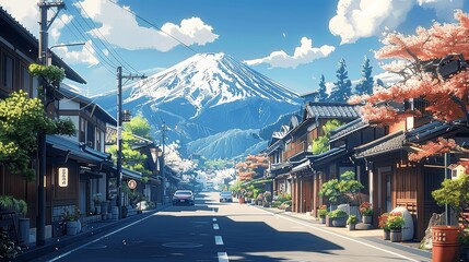 Sunny Japanese Street with Mountain Background in Anime Style, Cozy Detailed Buildings and Cars Driving, High Resolution Digital Art