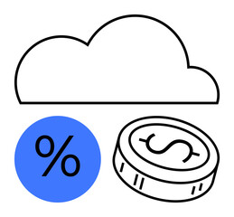 Cloud outline, blue percentage symbol, and dollar coin represent financial services, digital transactions, banking, online payments, data analytics, business growth. Line metaphor