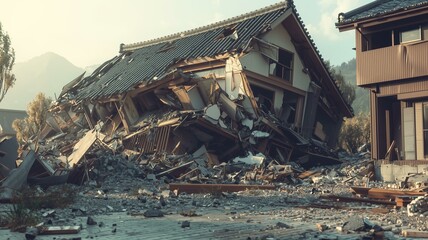 巨大地震による日本家屋の倒壊