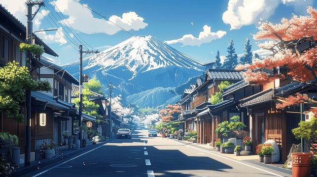 Sunny Japanese Street with Mountain Background in Anime Style, Cozy Detailed Buildings and Cars Driving, High Resolution Digital Art