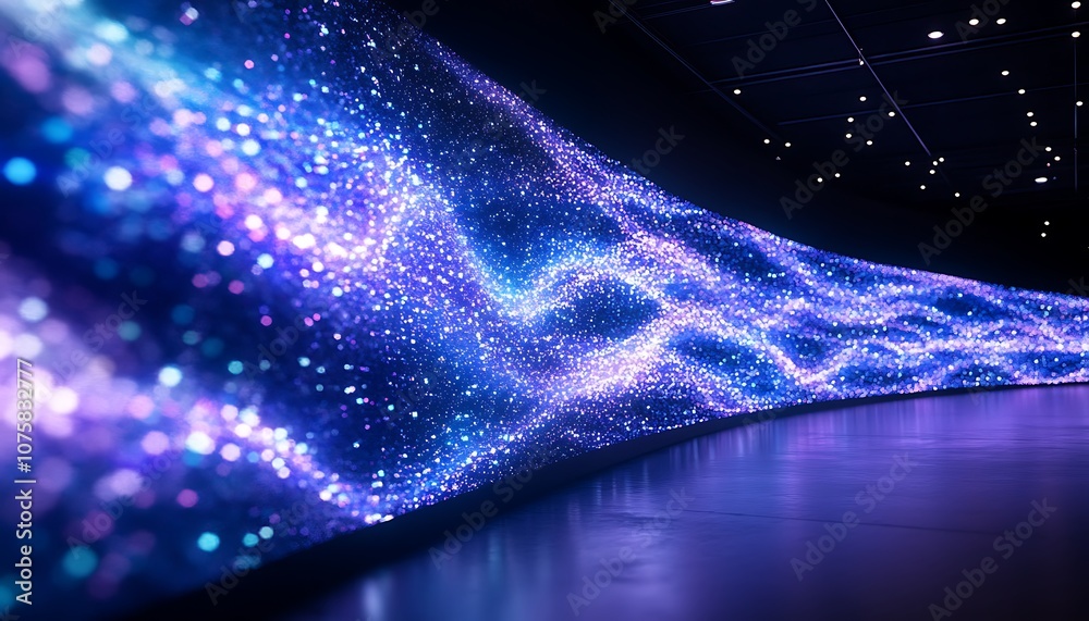 Fototapete A vibrant, flowing display of digital lights and colors, creating a captivating visual experience reminiscent of cosmic waves or abstract art.