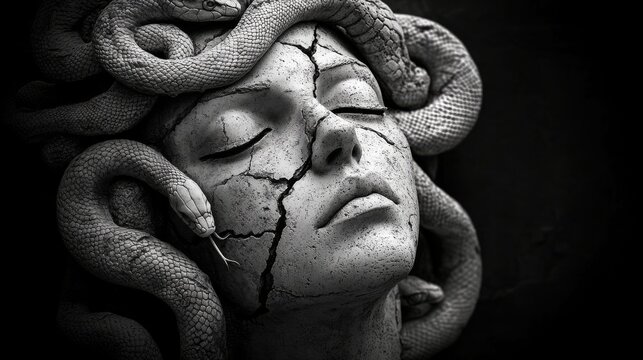 Naklejki Medusa statue with cracked skin and snakes, mythical and artistic concept