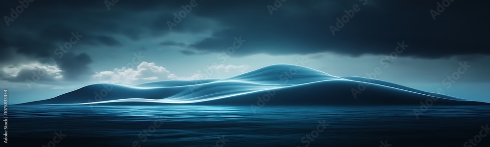Aufkleber a serene landscape of undulating ocean waves under a moody sky, illuminated by a soft blue light, ev