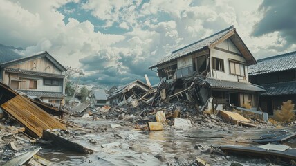 巨大地震による日本家屋の倒壊