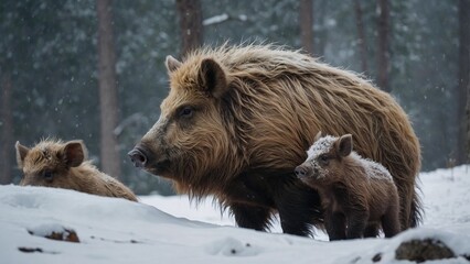 Fototapeta premium Wild boar with cubs in snowy winter forest