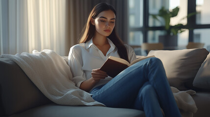 Obraz premium Young woman reading a book on cozy sofa in softly lit living room