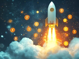 Rocket Shaped Shopping Cart Blasting Off with Glowing Coins and Marketing Symbols Representing E Commerce and Digital Marketing Success