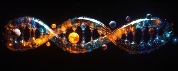 Fototapeta premium Cosmic DNA helix with planets and stars, digital art. Sci-fi concept