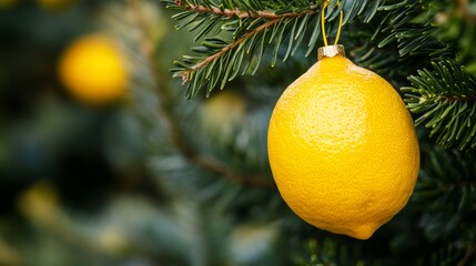 Lemon ornament hanging on evergreen branch, Christmas decoration concept