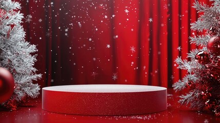 Red Glittery Podium with Snowy Christmas Branches and Falling Snow